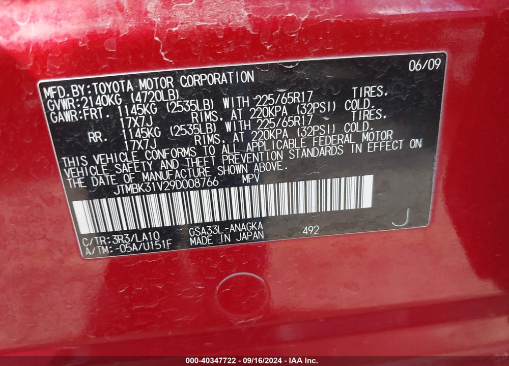 2009 TOYOTA RAV4 LIMITED V6 VIN: JTMBK31V29D008766