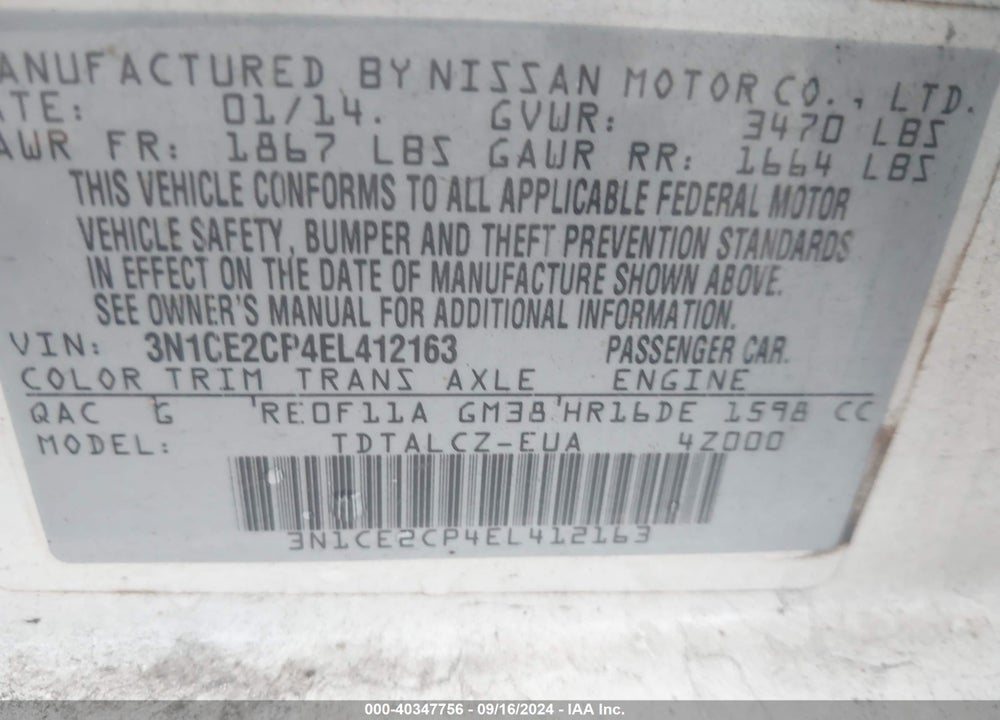 2014 NISSAN VERSA NOTE S PLUS VIN: 3N1CE2CP4EL412163