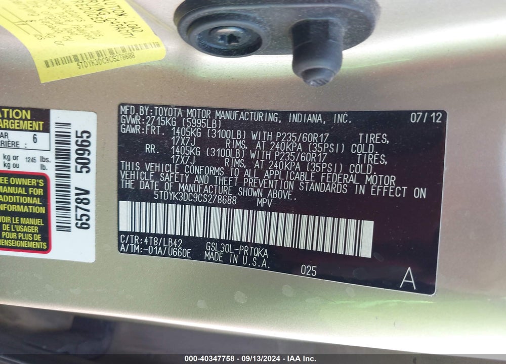 2012 TOYOTA SIENNA XLE V6 8 PASSENGER VIN: 5TDYK3DC9CS278688