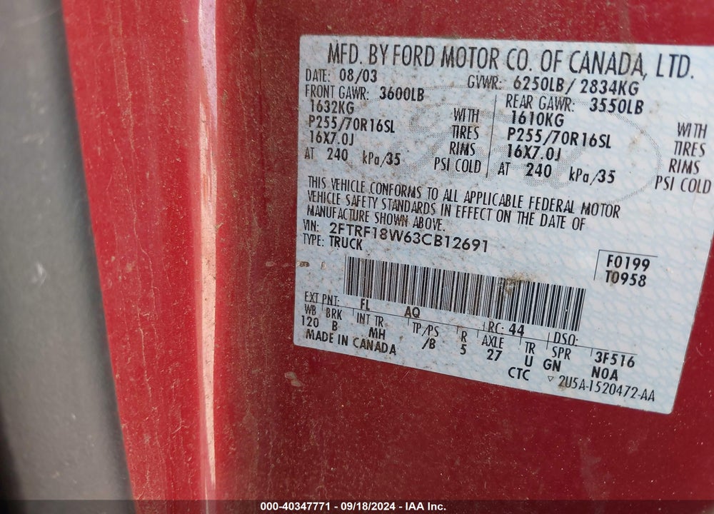 2003 FORD F-150 XL/XLT VIN: 2FTRF18W63CB12691