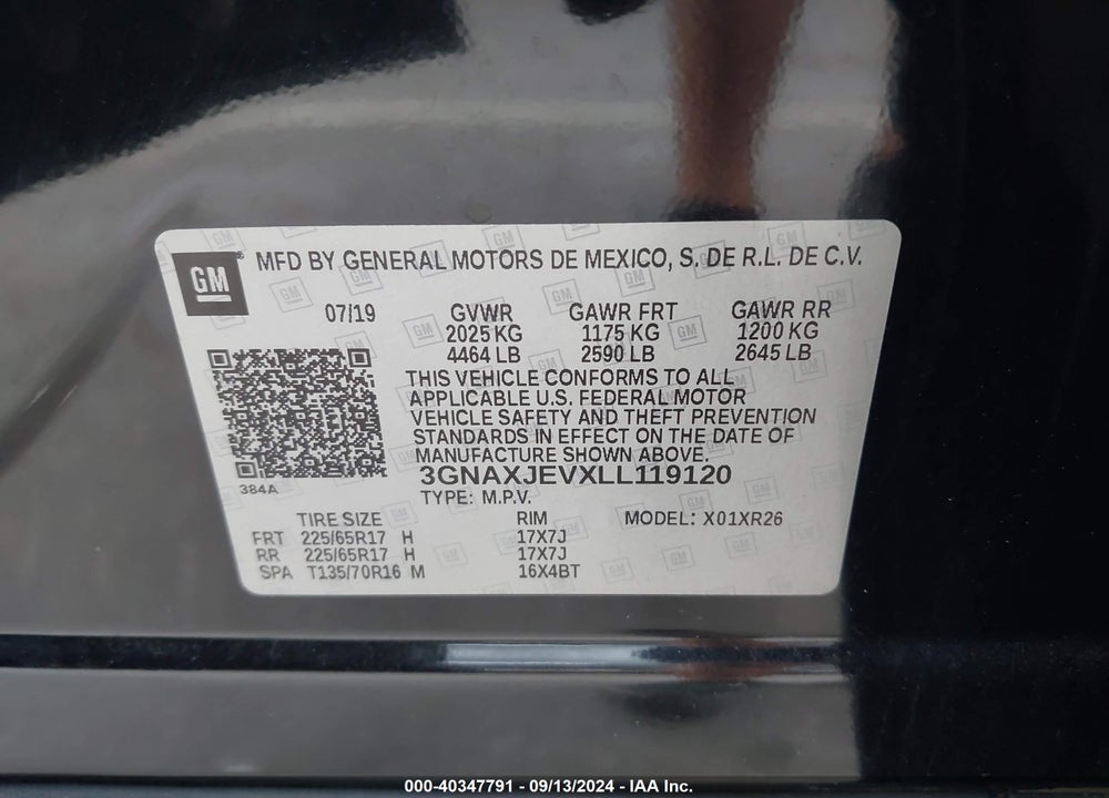 2020 CHEVROLET EQUINOX FWD 2FL VIN: 3GNAXJEVXLL119120
