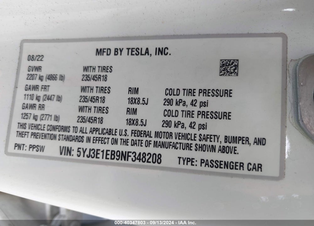 2022 TESLA MODEL 3 LONG RANGE DUAL MOTOR ALL-WHEEL DRIVE VIN: 5YJ3E1EB9NF348208