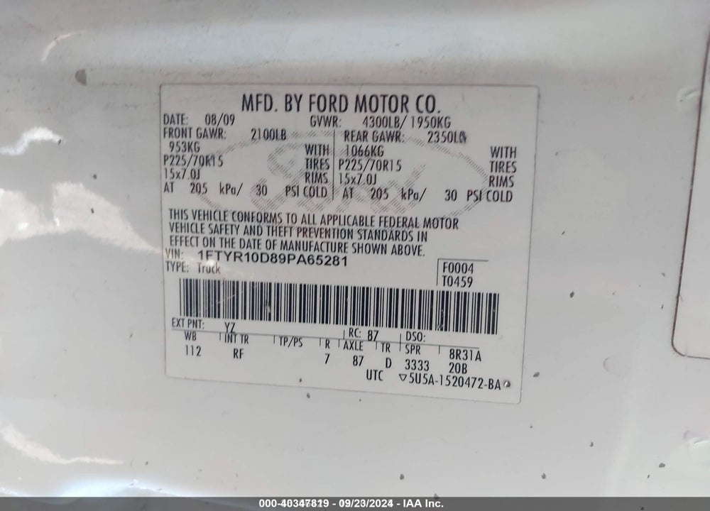 2009 FORD RANGER XL VIN: 1FTYR10D89PA65281