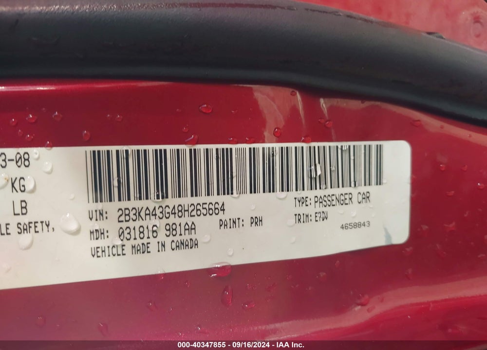2008 DODGE CHARGER VIN: 2B3KA43G48H265664