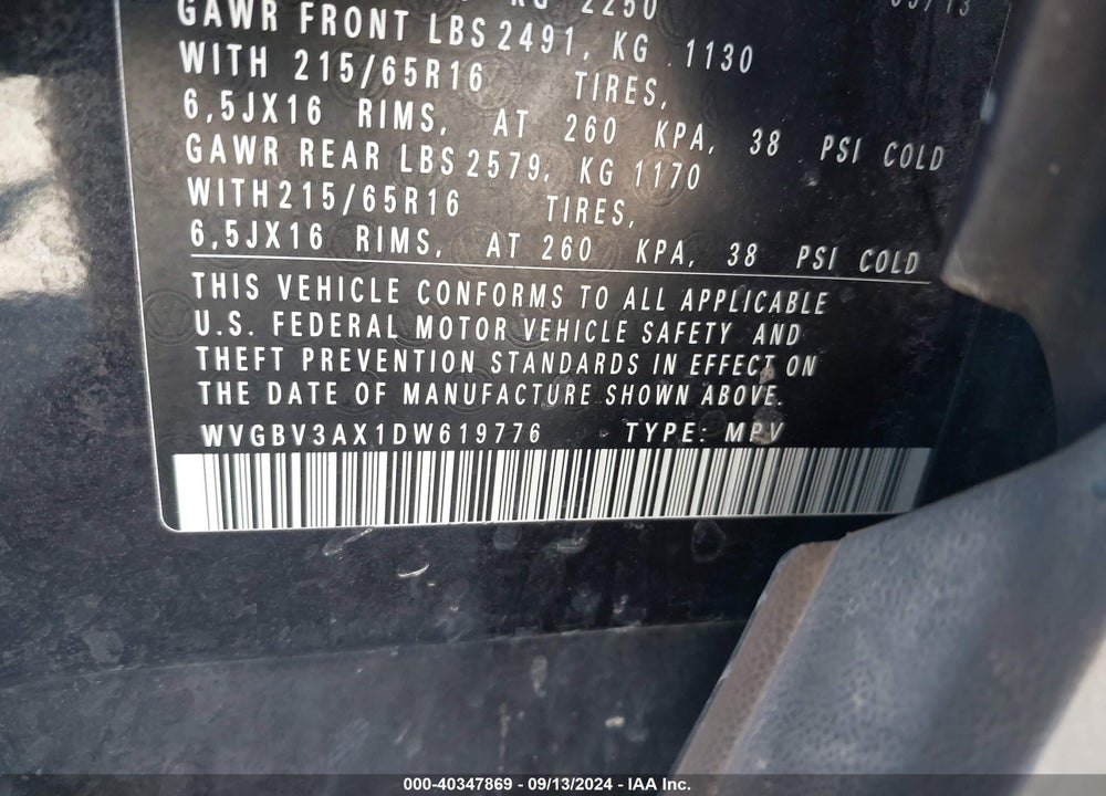 2013 VOLKSWAGEN TIGUAN S VIN: WVGBV3AX1DW619776