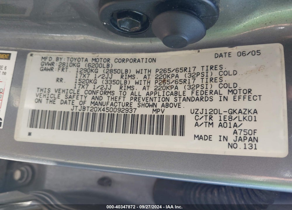 2005 LEXUS GX 470 VIN: JTJBT20X450092937