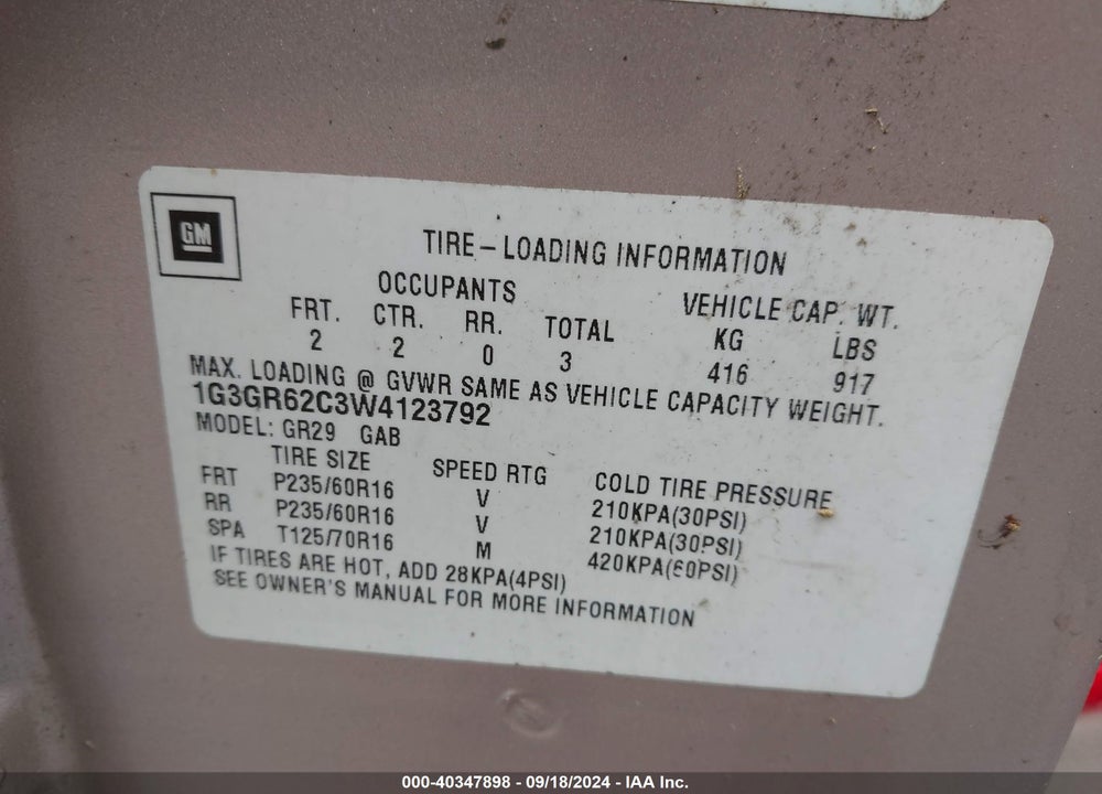 1998 OLDSMOBILE AURORA VIN: 1G3GR62C3W4123792