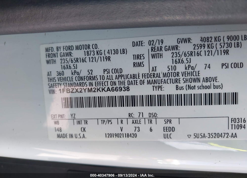 2019 FORD TRANSIT-350 XLT VIN: 1FBZX2YM2KKA66938