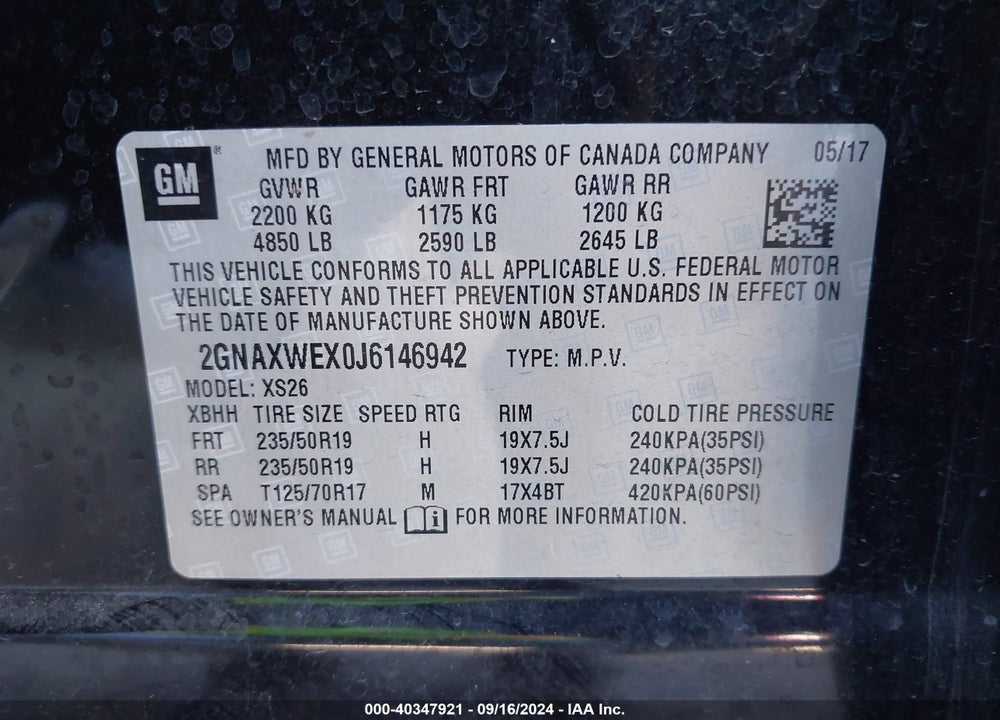 2018 CHEVROLET EQUINOX PREMIER VIN: 2GNAXWEX0J6146942