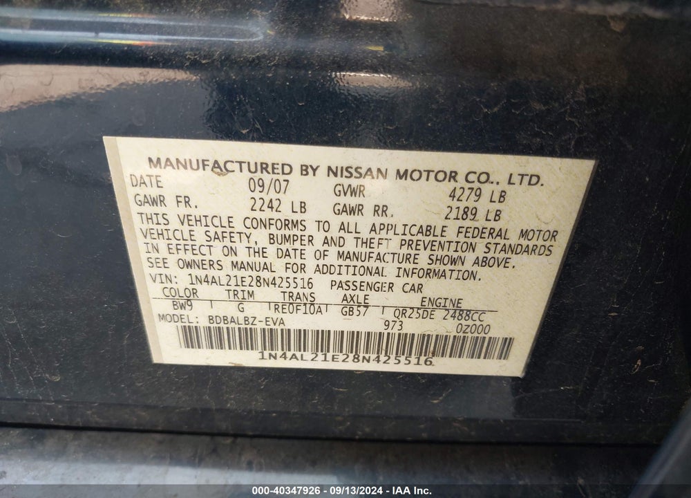 2008 NISSAN ALTIMA 2.5 S VIN: 1N4AL21E28N425516