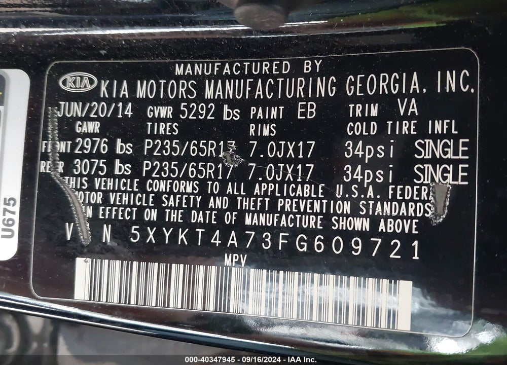 2015 KIA SORENTO LX V6 VIN: 5XYKT4A73FG609721