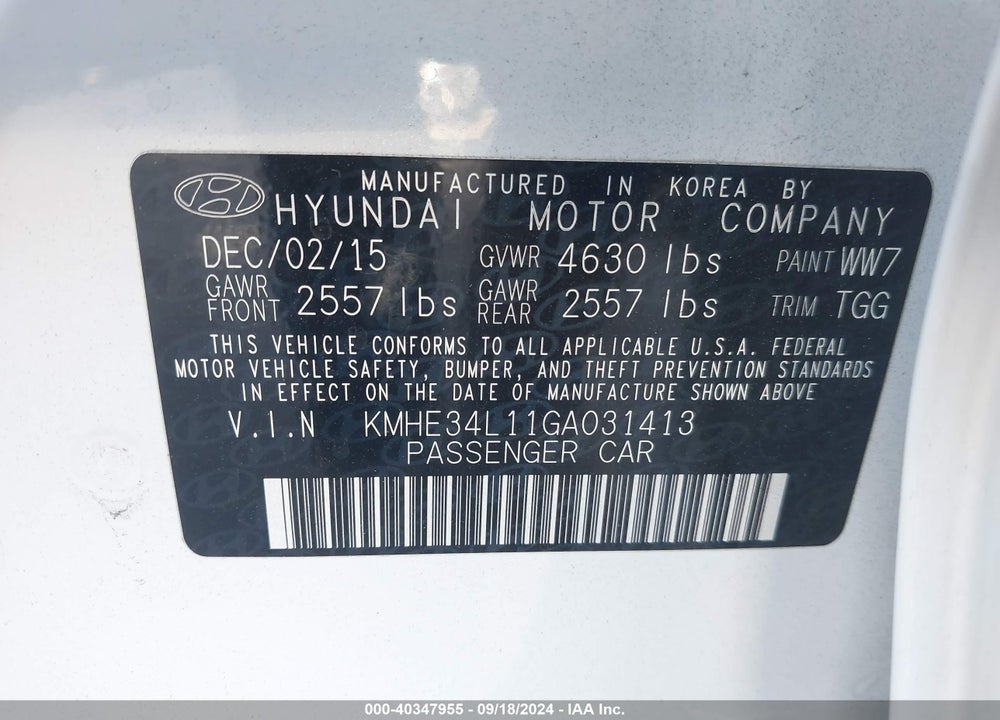 2016 HYUNDAI SONATA HYBRID LIMITED VIN: KMHE34L11GA031413