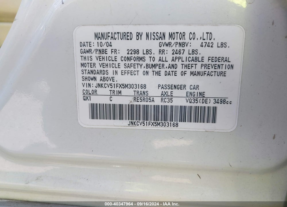 2005 INFINITI G35X VIN: JNKCV51FX5M303168
