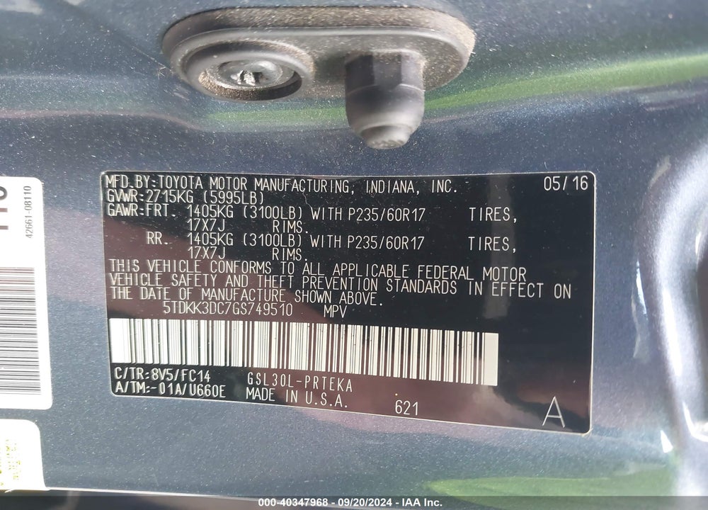 2016 TOYOTA SIENNA LE 8 PASSENGER VIN: 5TDKK3DC7GS749510