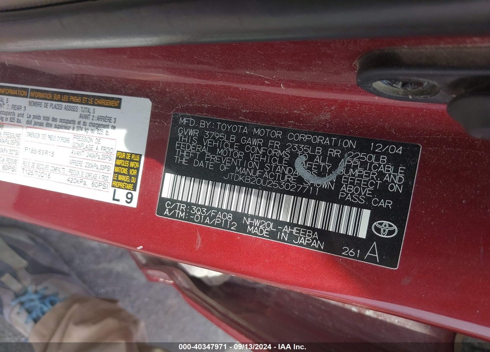 2005 TOYOTA PRIUS VIN: JTDKB20U253027711