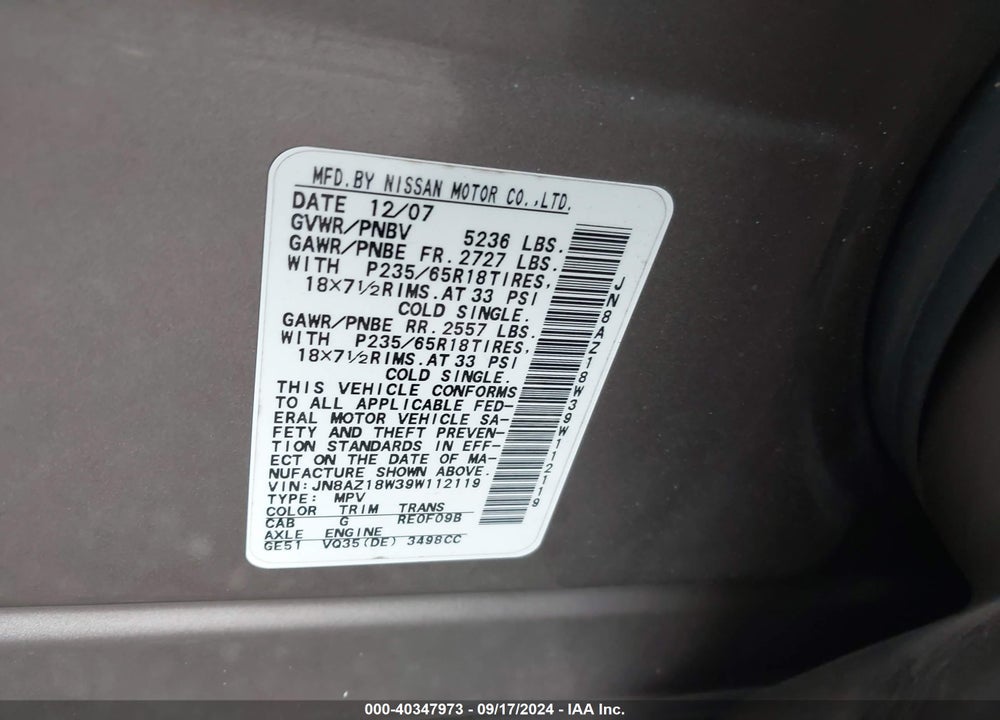 2009 NISSAN MURANO S VIN: JN8AZ18W39W112119