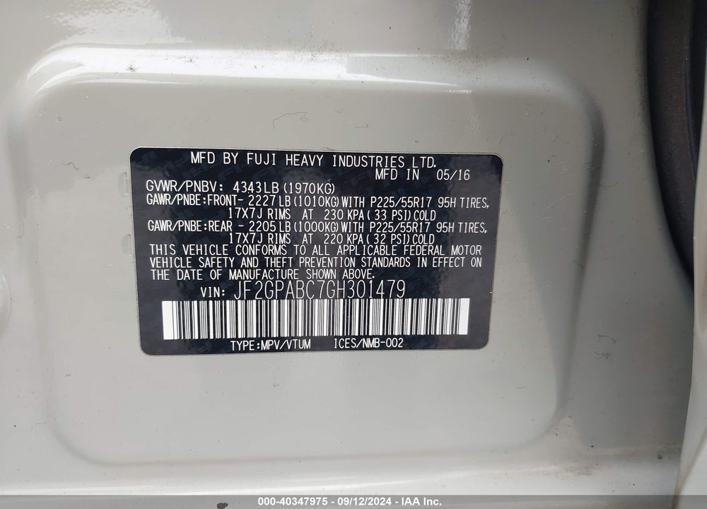 2016 SUBARU CROSSTREK 2.0I PREMIUM VIN: JF2GPABC7GH301479