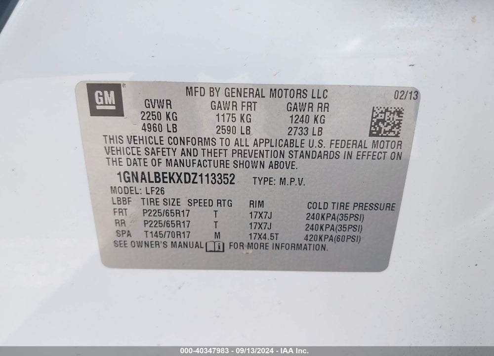 2013 CHEVROLET EQUINOX LS VIN: 1GNALBEKXDZ113352