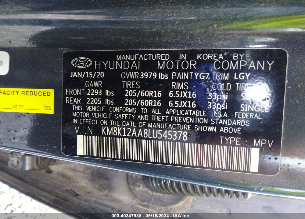 2020 HYUNDAI KONA SE VIN: KM8K12AA8LU545378