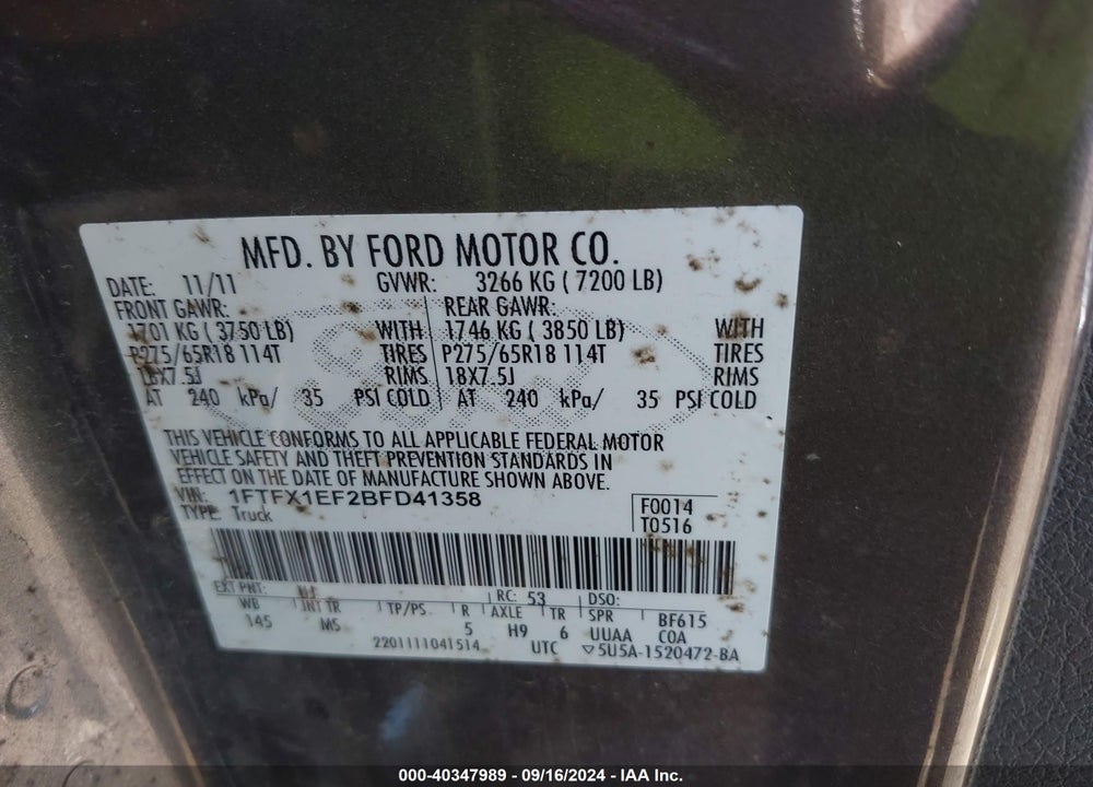 2011 FORD F-150 XLT VIN: 1FTFX1EF2BFD41358