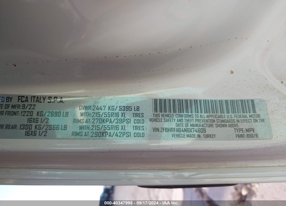 2022 RAM PROMASTER CITY CARGO VAN VIN: ZFBHRFAB4N6X74609