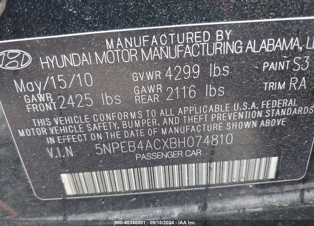 2011 HYUNDAI SONATA GLS VIN: 5NPEB4ACXBH074810