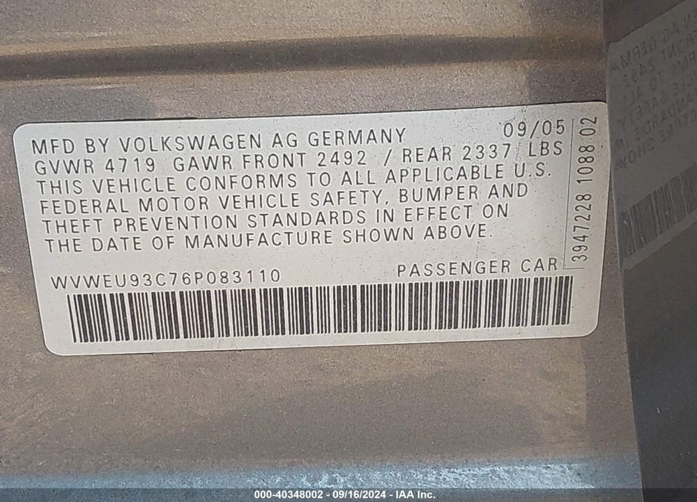 2006 VOLKSWAGEN PASSAT 3.6 VIN: WVWEU93C76P083110