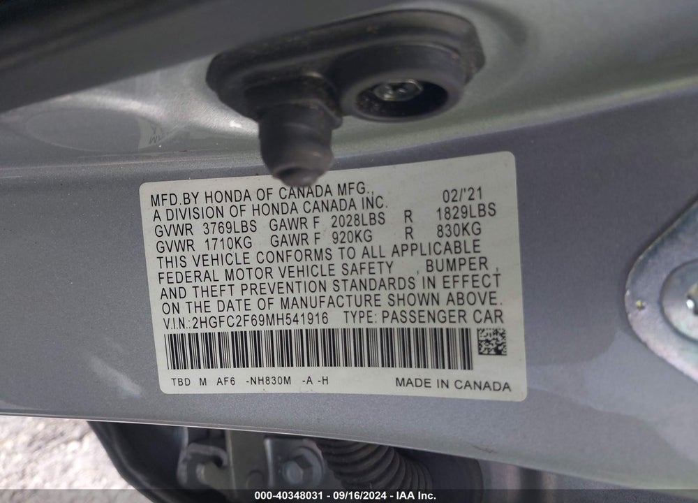 2021 HONDA CIVIC VIN: 2HGFC2F69MH541916