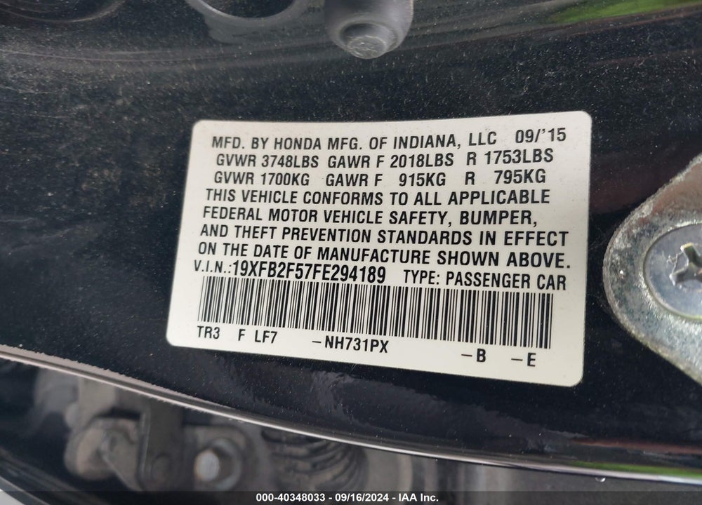 2015 HONDA CIVIC LX VIN: 19XFB2F57FE294189