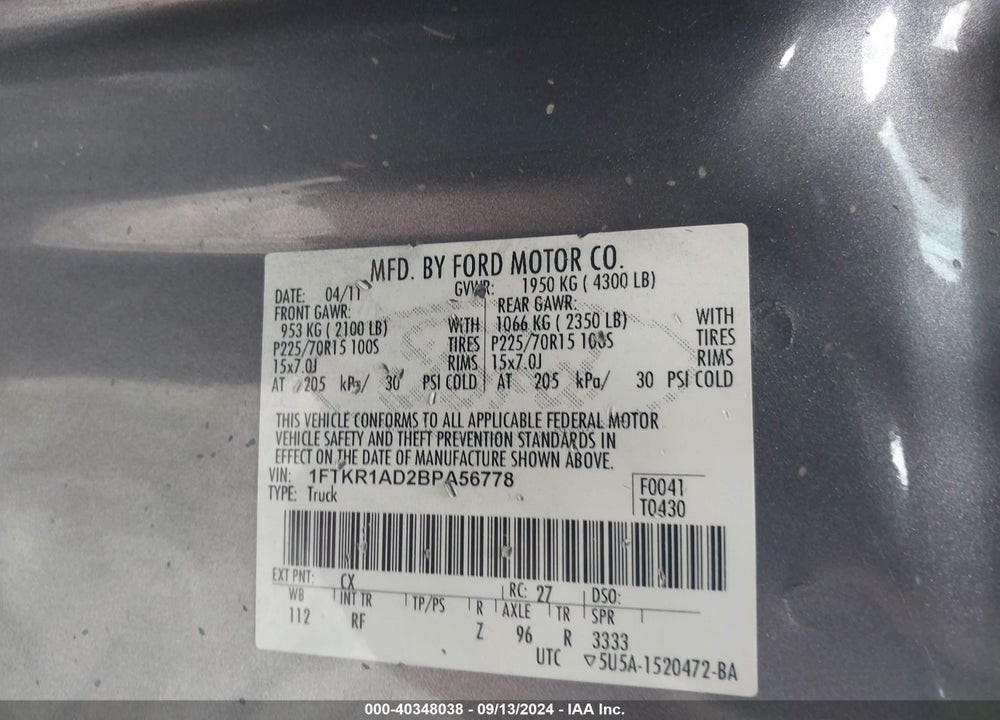 2011 FORD RANGER XL VIN: 1FTKR1AD2BPA56778