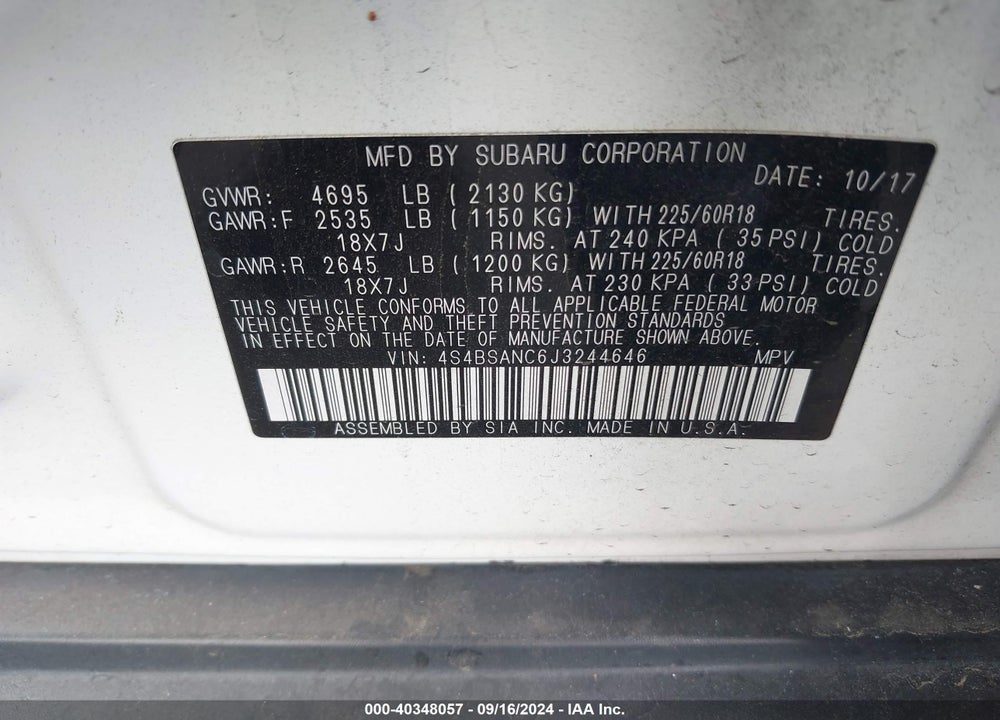 2018 SUBARU OUTBACK 2.5I LIMITED VIN: 4S4BSANC6J3244646