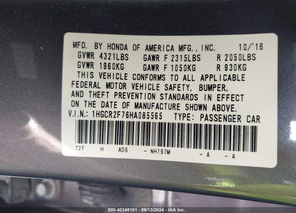 2017 HONDA ACCORD EX VIN: 1HGCR2F76HA085565