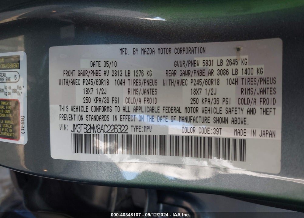 2010 MAZDA CX-9 TOURING VIN: JM3TB2MV8A0226322
