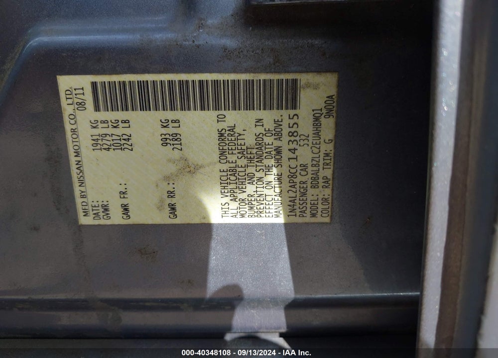 2012 NISSAN ALTIMA VIN: 1N4AL2AP8CC143855