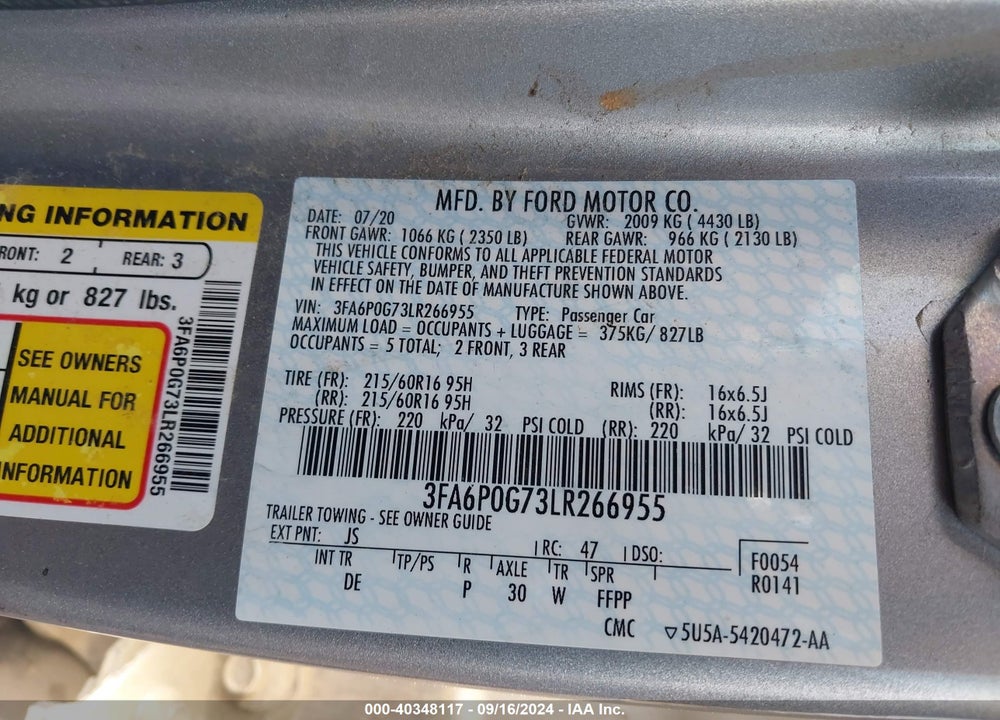 2020 FORD FUSION S VIN: 3FA6P0G73LR266955