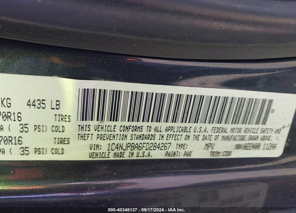 2015 JEEP PATRIOT SPORT VIN: 1C4NJPBA6FD284267