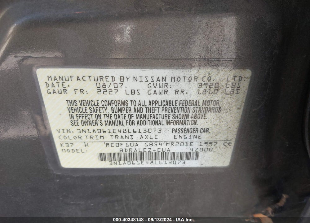 2008 NISSAN SENTRA 2.0S VIN: 3N1AB61E48L613073