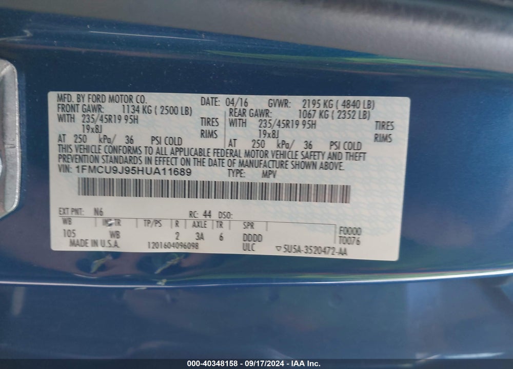 2017 FORD ESCAPE TITANIUM VIN: 1FMCU9J95HUA11689