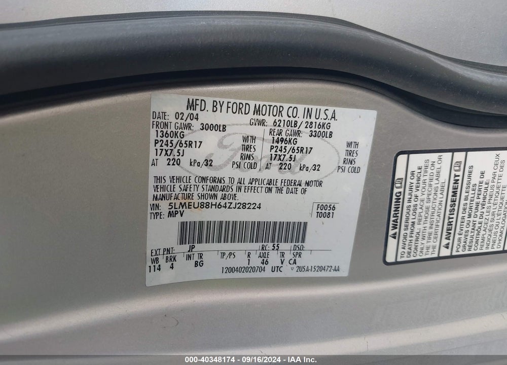 2004 LINCOLN AVIATOR VIN: 5LMEU88H64ZJ28224