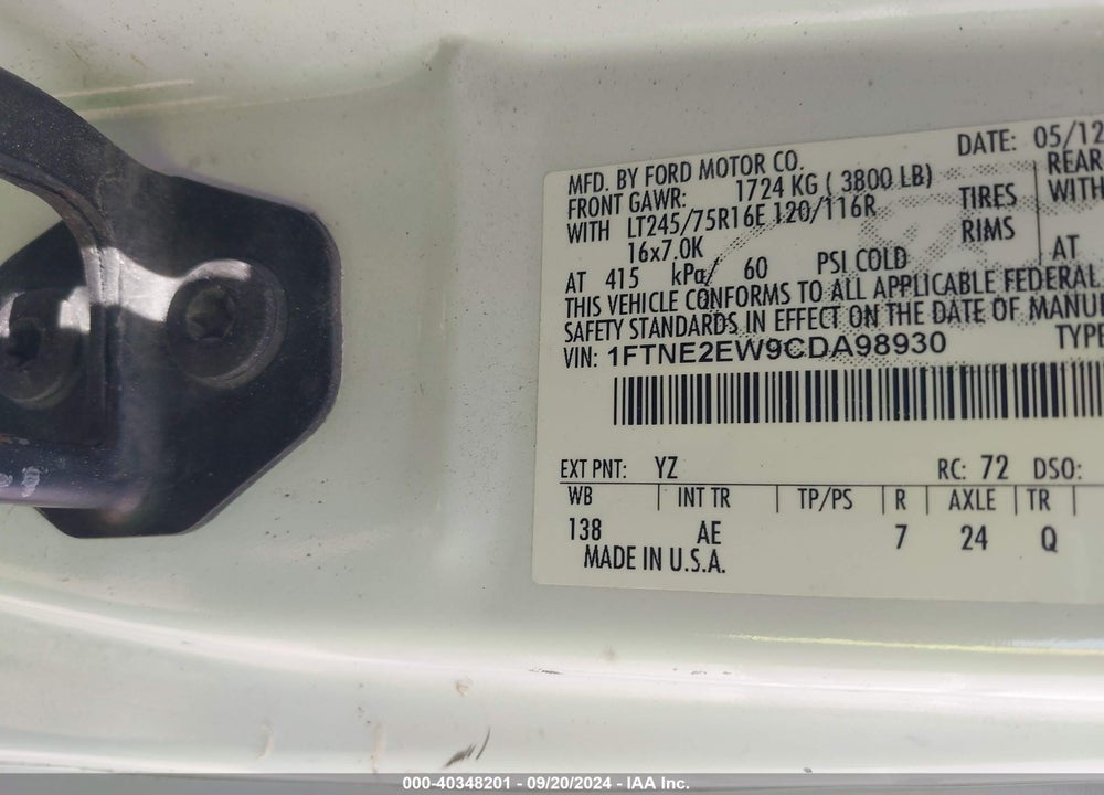 2012 FORD E-250 COMMERCIAL VIN: 1FTNE2EW9CDA98930