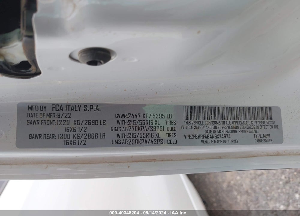2022 RAM PROMASTER CITY CARGO VAN VIN: ZFBHRFAB4N6X74674