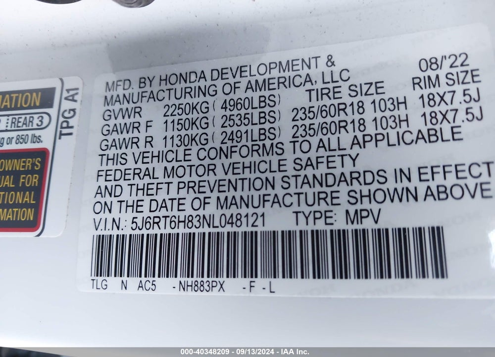 2022 HONDA CR-V HYBRID EX-L VIN: 5J6RT6H83NL048121