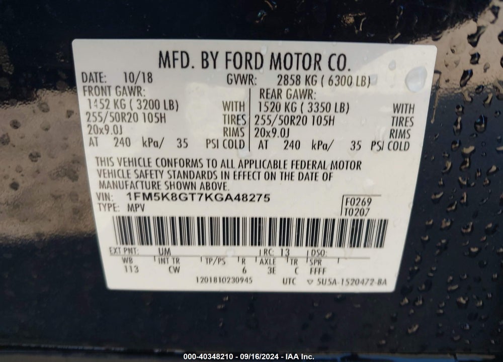 2019 FORD EXPLORER SPORT VIN: 1FM5K8GT7KGA48275