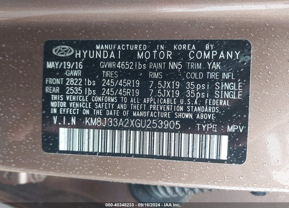 2016 HYUNDAI TUCSON SPORT VIN: KM8J33A2XGU253905