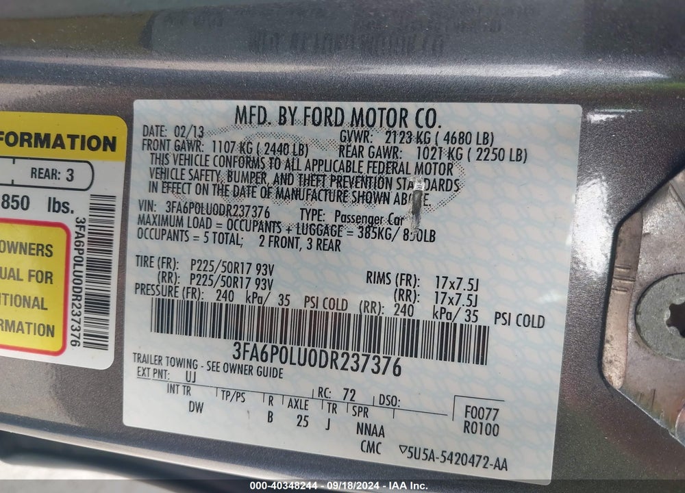 2013 FORD FUSION HYBRID SE VIN: 3FA6P0LU0DR237376