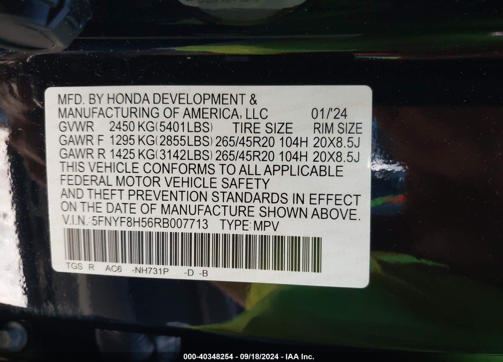 2024 HONDA PASSPORT AWD EX-L VIN: 5FNYF8H56RB007713