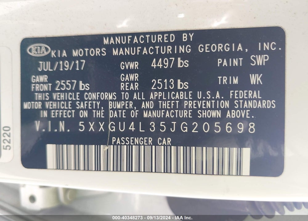 2018 KIA OPTIMA EX VIN: 5XXGU4L35JG205698