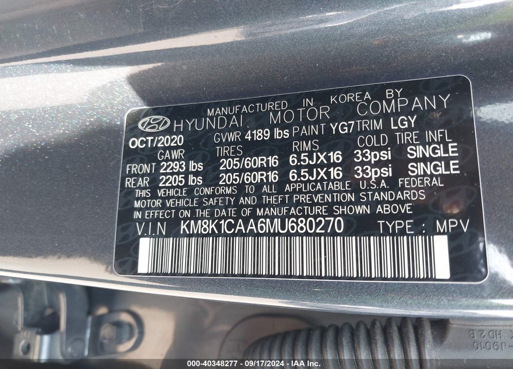 2021 HYUNDAI KONA SE VIN: KM8K1CAA6MU680270