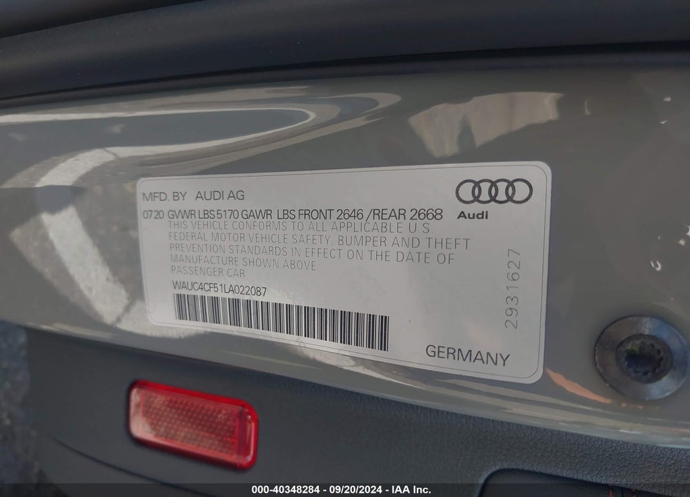 2020 AUDI S5 SPORTBACK PREMIUM PLUS TFSI QUATTRO TIPTRONIC VIN: WAUC4CF51LA022087