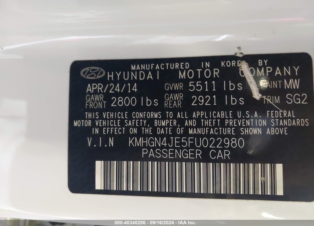 2015 HYUNDAI GENESIS 3.8 VIN: KMHGN4JE5FU022980